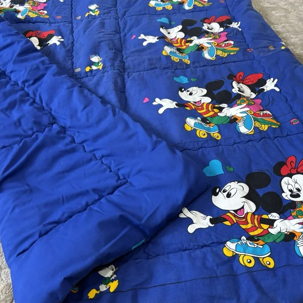 Vintage 90s Toddler Bed Blanket 40x47 Mickey Minnie Mouse Disney Gift Decor Blue